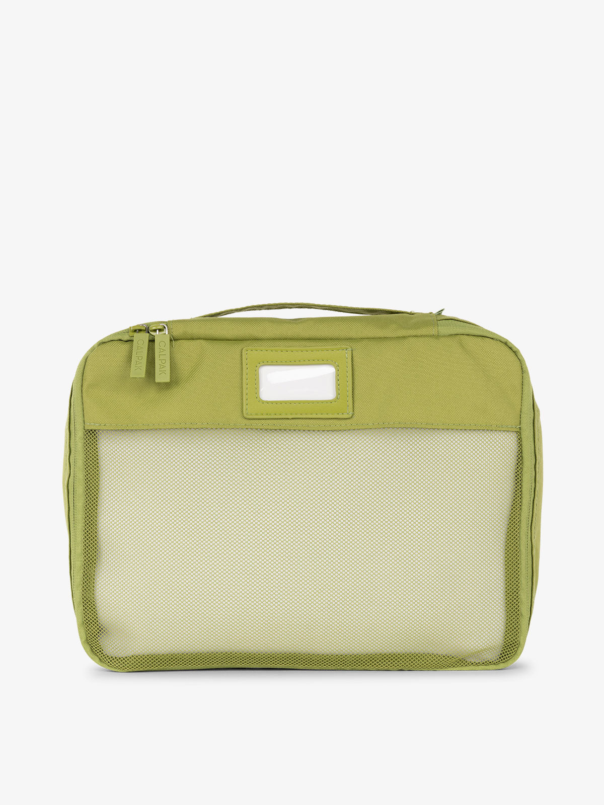 CALPAK luggage packing cubes for clothes with mesh front and label in palm green