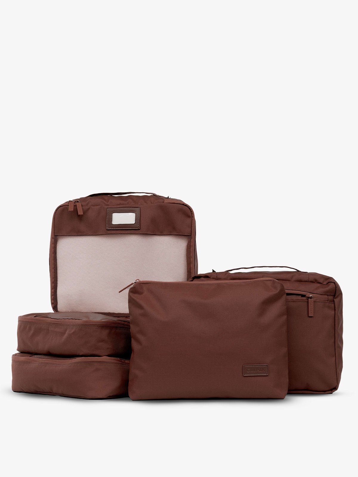 CALPAK 5 piece set packing cubes for travel with labels and top handles in brown walnut