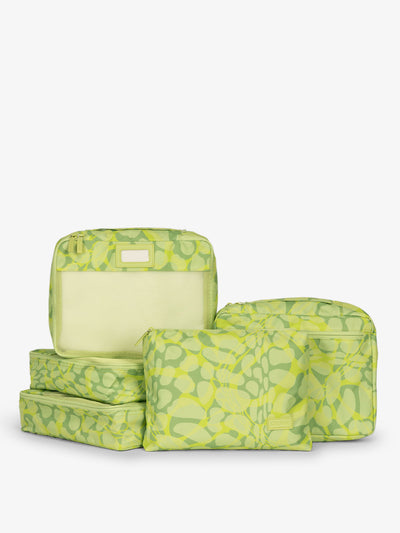 CALPAK 5 piece set packing cubes for travel with labels and top handles in lime green print; PC1601-LIME-VIPER