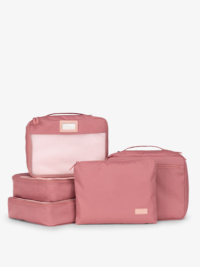 CALPAK 5 piece set packing cubes for travel with labels and top handles in tea rose; PC1601-TEA-ROSE