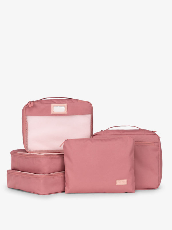 CALPAK 5 piece set packing cubes for travel with labels and top handles in tea rose
