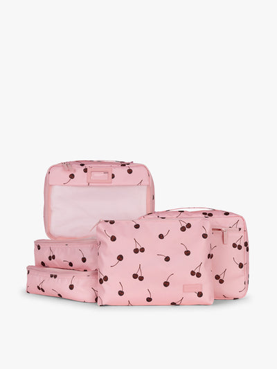 CALPAK Packing Cubes 5pc Set in pink with cherry print in Blossom Cherry on a white background; PC1601-BLOSSOM-CHERRY view 1