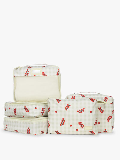 CALPAK 5pc Packing Cubes Set in white and green gingham pattern with tomato print; PC1601-CELADON-TOMATO-PICNIC view 1