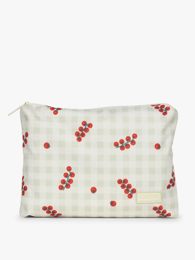 Envelope of CALPAK 5pc Packing Cubes Set in white and green gingham pattern with tomato print