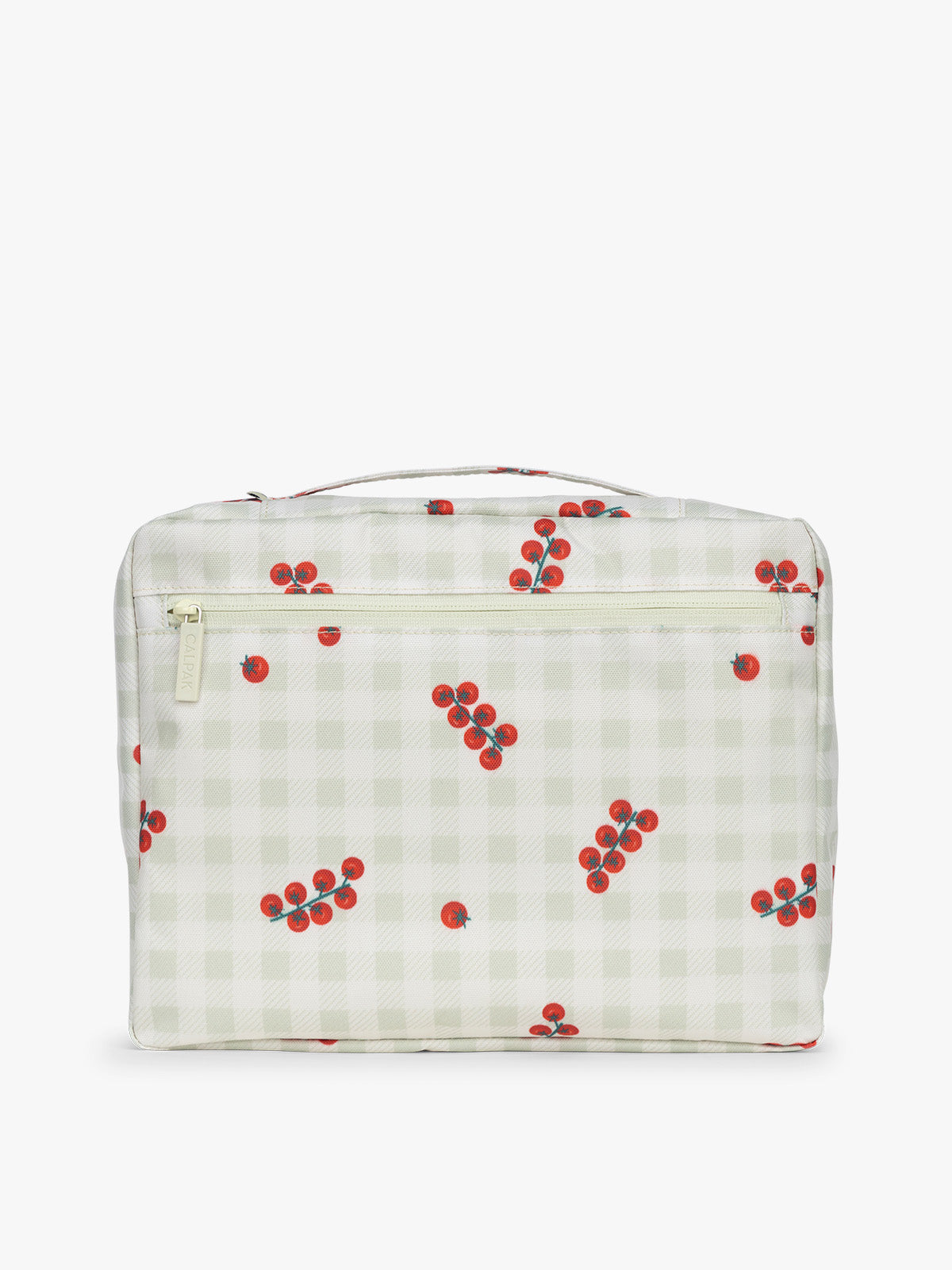 Backside of CALPAK 5pc Packing Cubes Set in white and green gingham pattern with tomato print; PC1601-CELADON-TOMATO-PICNIC