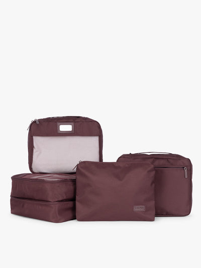 Burgundy Dark Cherry CALPAK 5-piece travel packing cubes set which includes three mesh cubes, a flat cube, and a zippered organizer, displayed on a clean white background; PC1601-DARK-CHERRY view 1