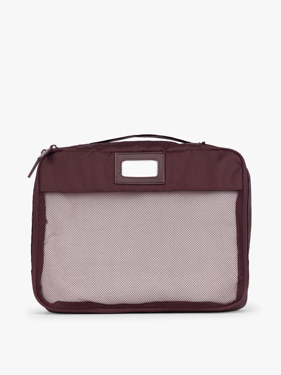 Burgundy Dark Cherry CALPAK 5-piece travel packing cubes set with close up of mesh cubes with a label, displayed on a clean white background; PC1601-DARK-CHERRY