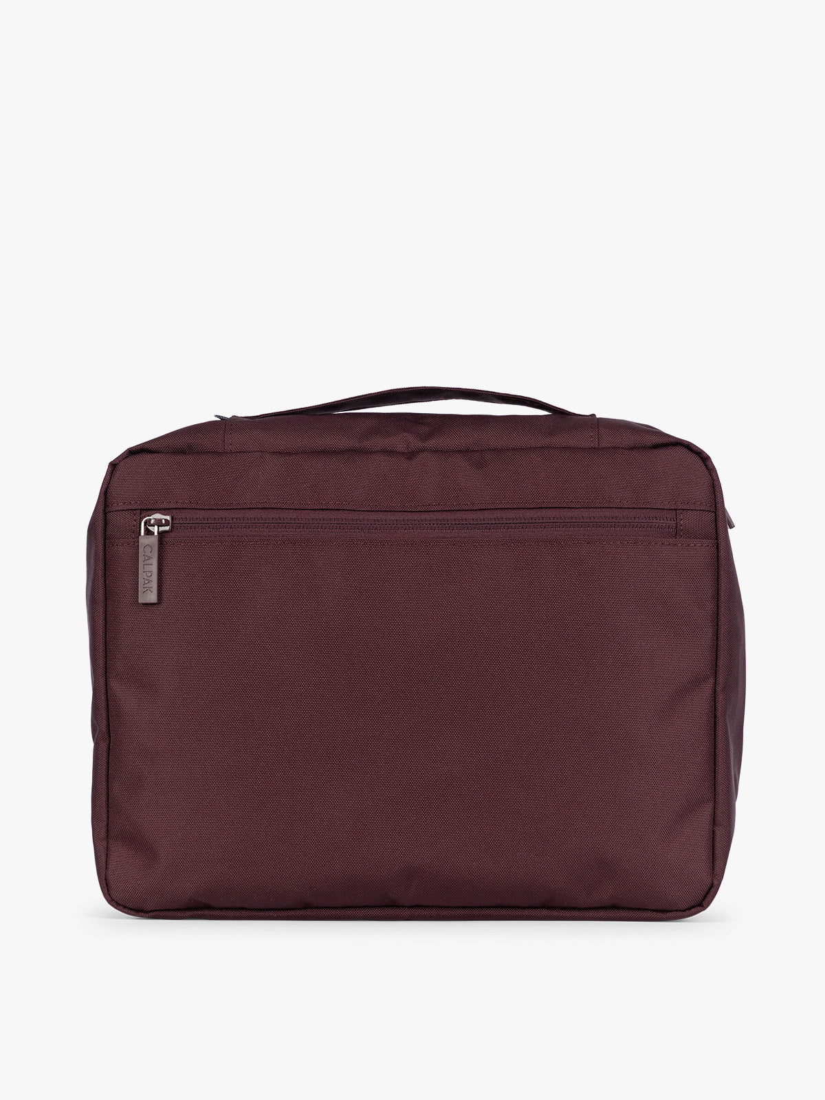 Burgundy Dark Cherry CALPAK 5-piece travel packing cubes set with close up of packing cube with zipper, displayed on a clean white background; PC1601-DARK-CHERRY