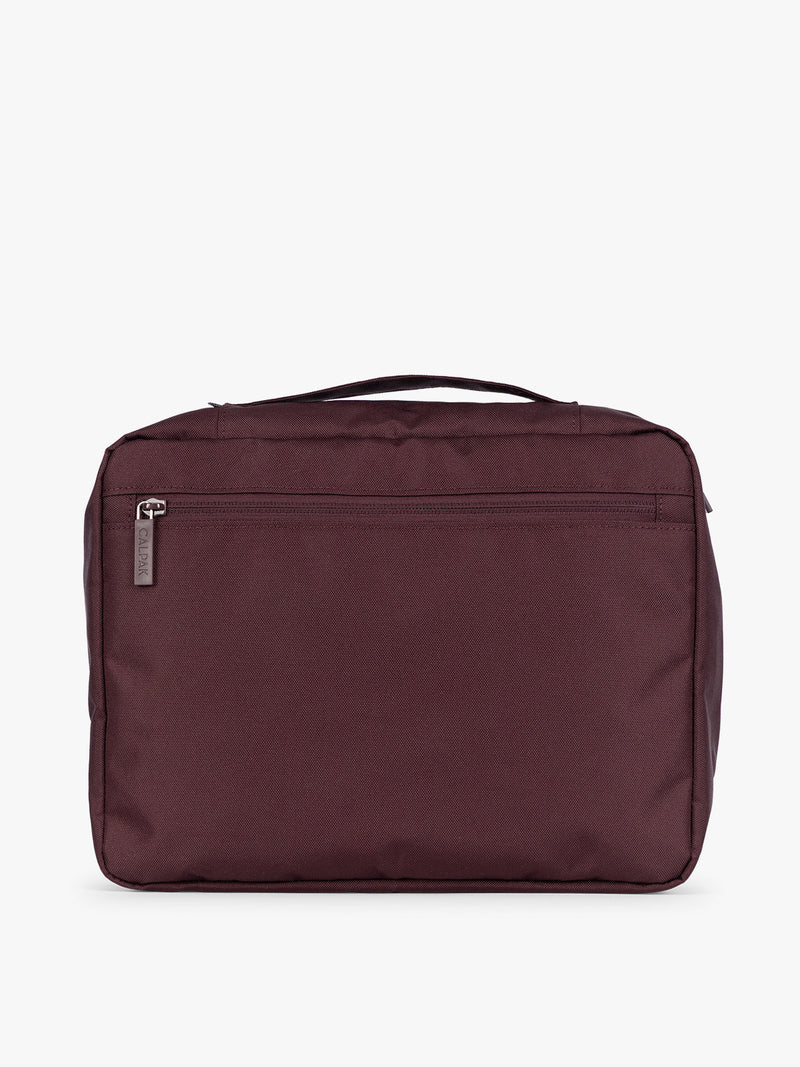 Burgundy Dark Cherry CALPAK 5-piece travel packing cubes set with close up of packing cube with zipper, displayed on a clean white background