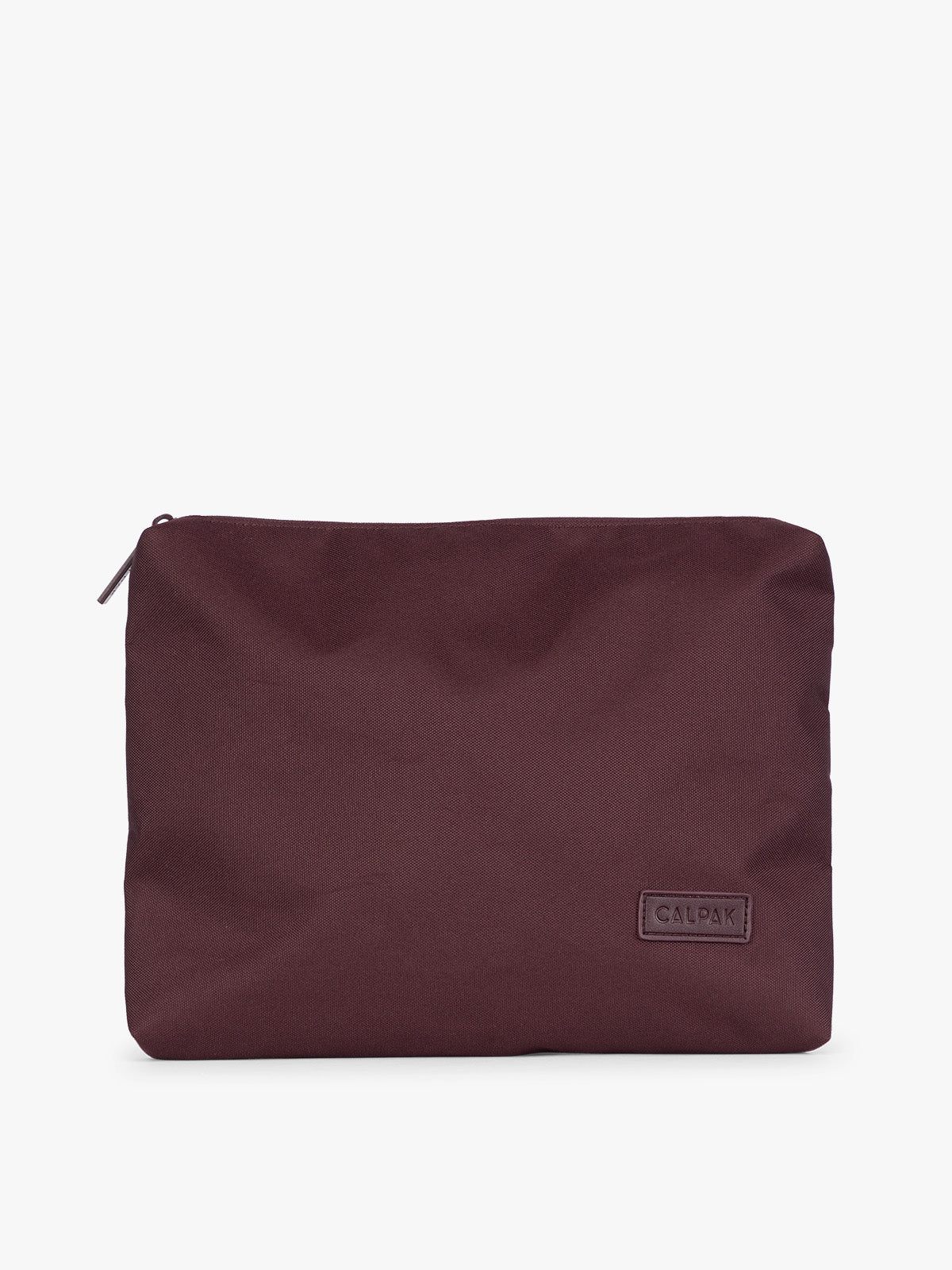 Burgundy Dark Cherry CALPAK 5-piece travel packing cubes set with close up of packing cube envelope design with top zipper, displayed on a clean white background; PC1601-DARK-CHERRY