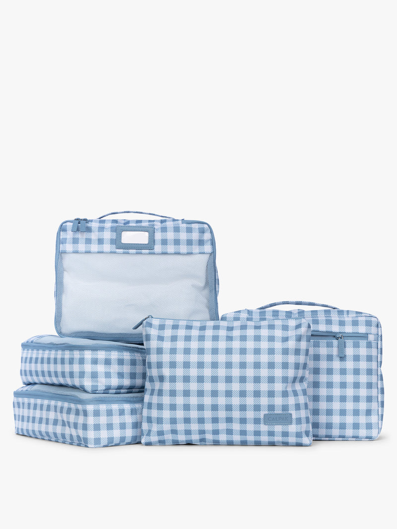 CALPAK Packing Cubes 5-piece Set in white and blue gingham print in French Blue Gingham
