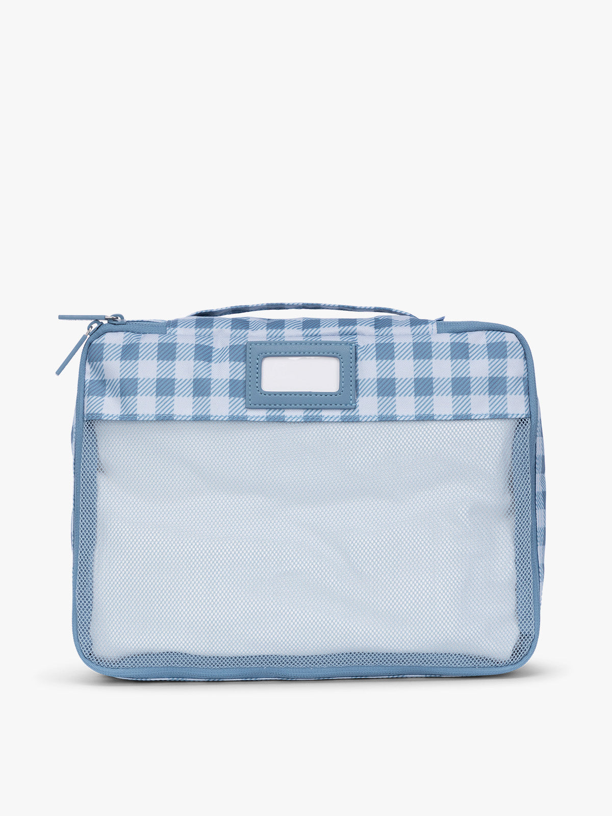 Packing cube with mesh and zipper that is part of CALPAK Packing Cubes 5-piece Set in white and blue gingham print in French Blue Gingham; PC1601-FRENCH-BLUE-GINGHAM