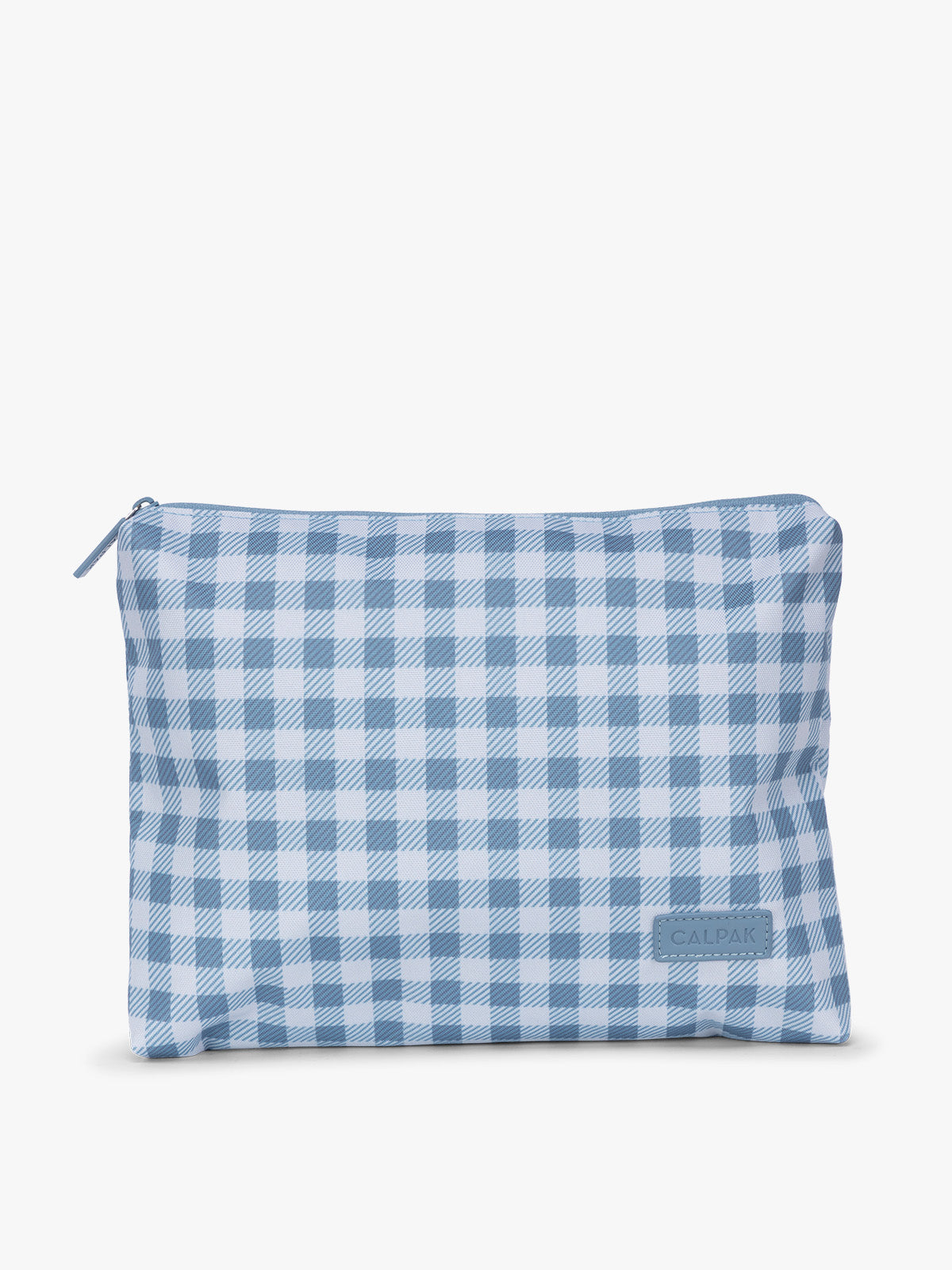 Top zippered packing cube that is part of CALPAK Packing Cubes 5-piece Set in white and blue gingham print in French Blue Gingham; PC1601-FRENCH-BLUE-GINGHAM