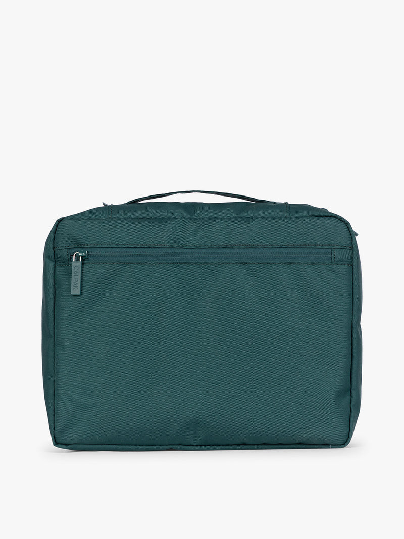 Deep green teal Kale CALPAK 5-piece travel packing cubes set with close up of packing cube with zipper, displayed on a clean white background