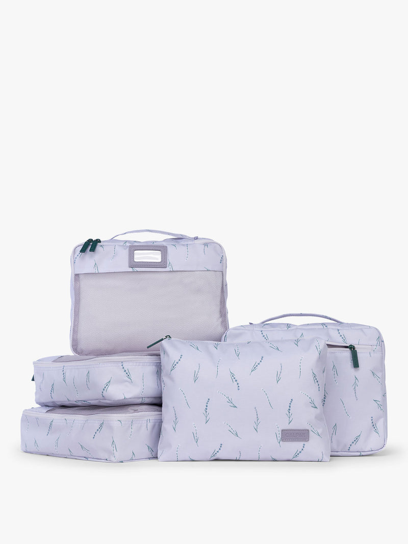 CALPAK Packing Cubes 5-piece Set in light purple with lavender print in Lavender Bloom