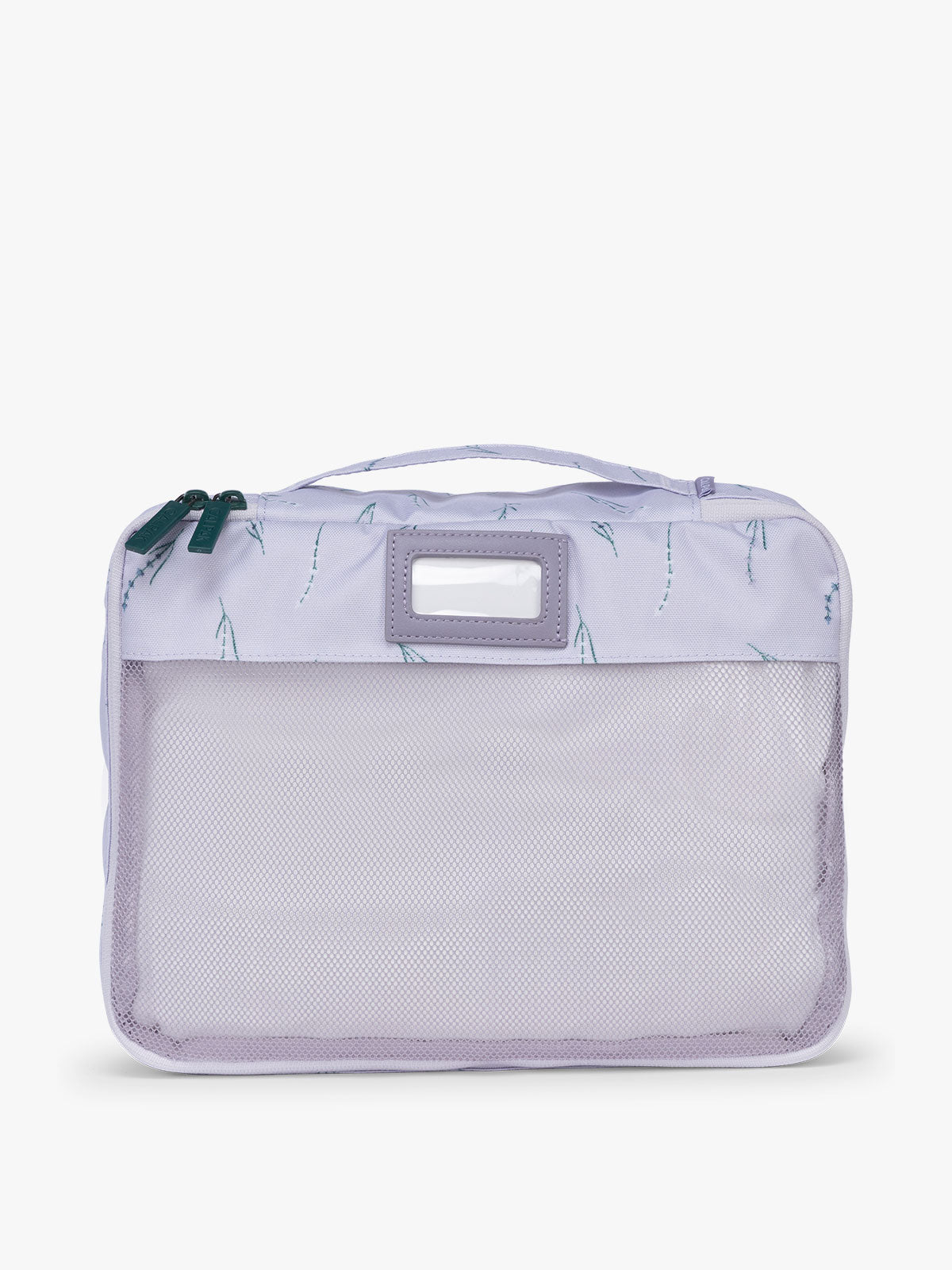 Mesh and zippered packing cube of CALPAK Packing Cubes 5-piece Set in light purple with lavender print in Lavender Bloom; PC1601-LAVENDER-BLOOM