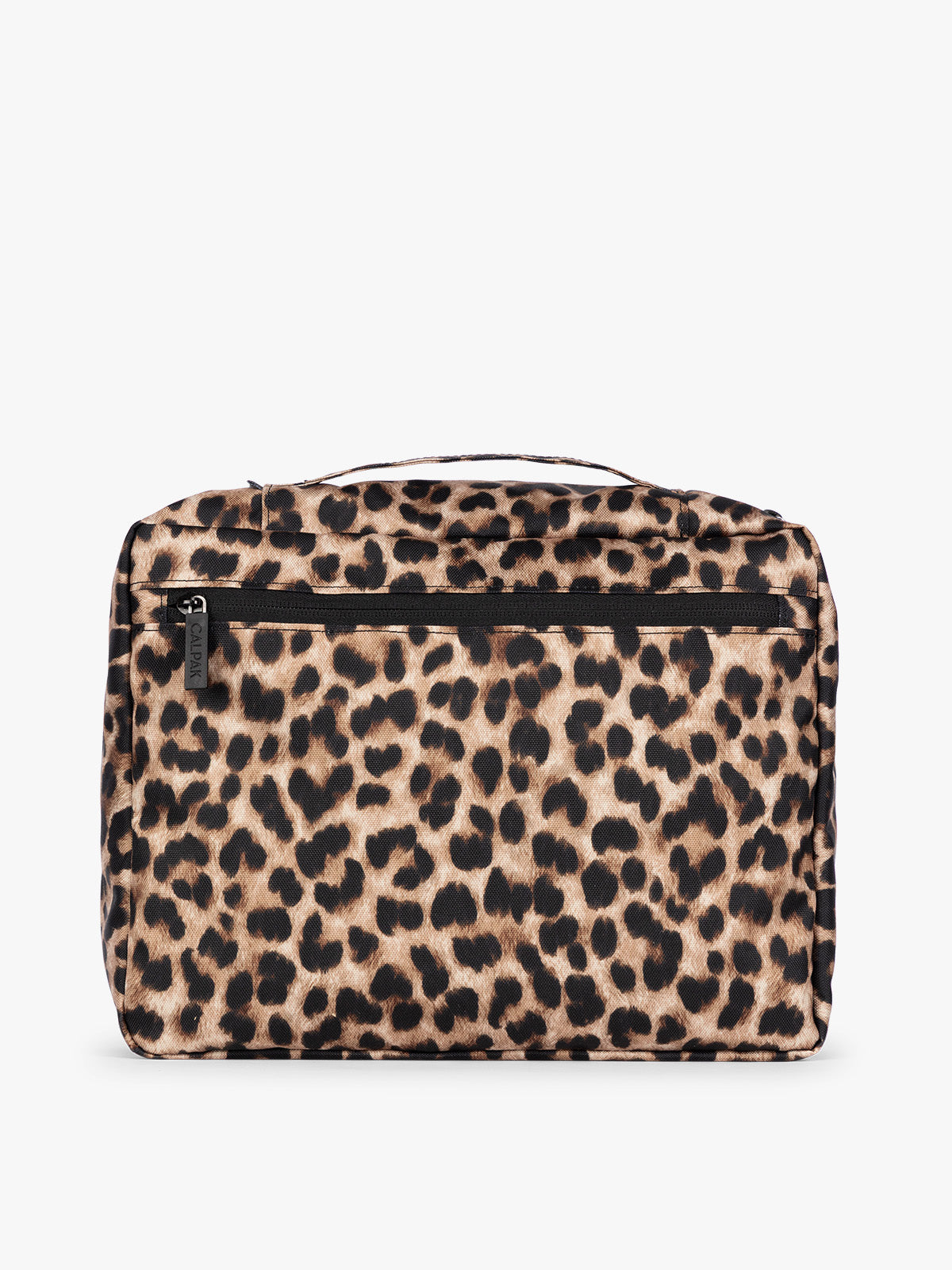 Tan and black animal print Snow Leopard CALPAK 5-piece travel packing cubes set with close up of packing cube with a zipper, displayed on a clean white background; PC1601-LEOPARD