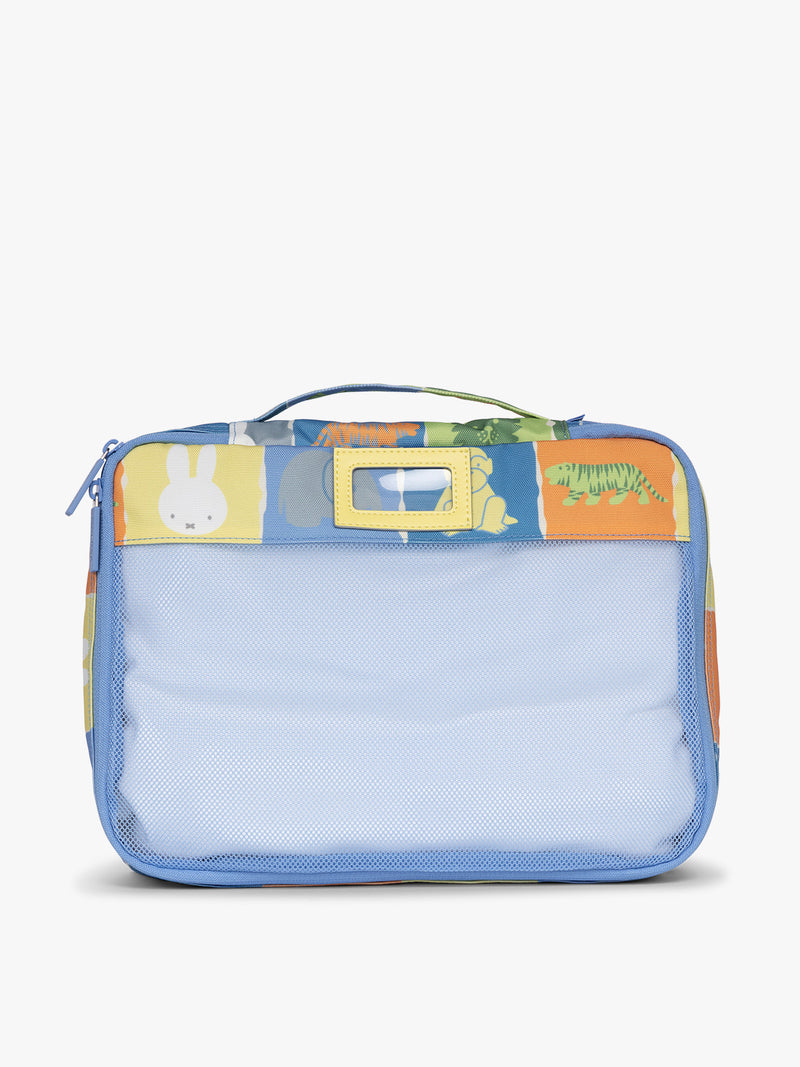 Large size of CALPAK Packing Cubes in colorful blue pouches with Miffy and animal pattern on a white background