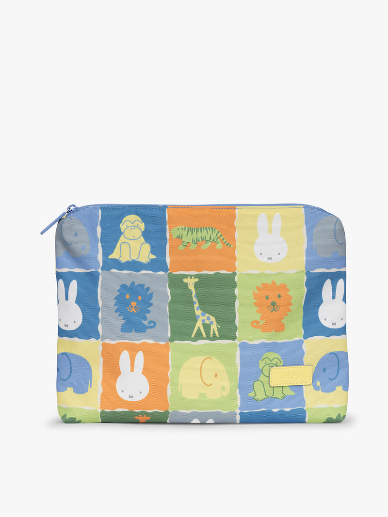 Envelope size of CALPAK Packing Cubes in colorful blue pouches with Miffy and animal pattern on a white background