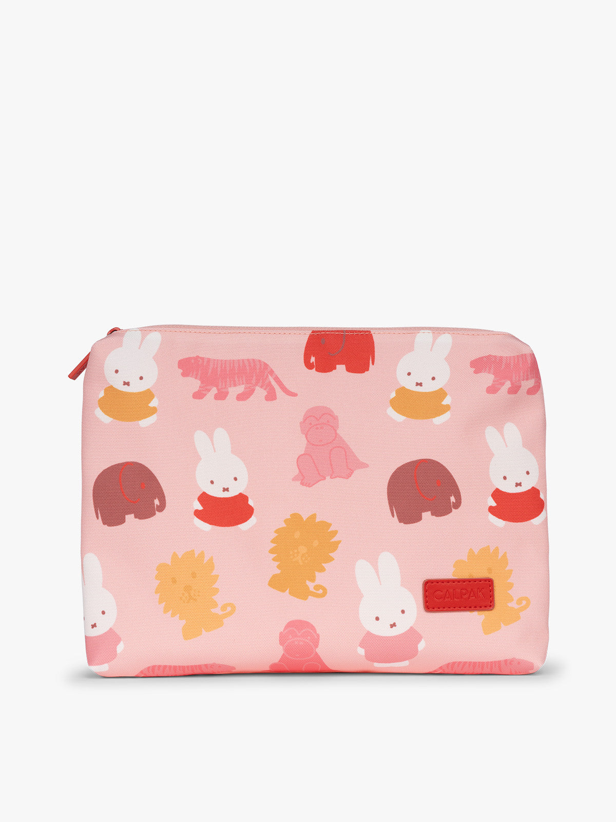 Envelop size of CALPAK Packing Cubes in colorful pink pouches with Miffy and animal pattern on a white background; PC1601-MIFFY-PINK-ZOO-TRIP