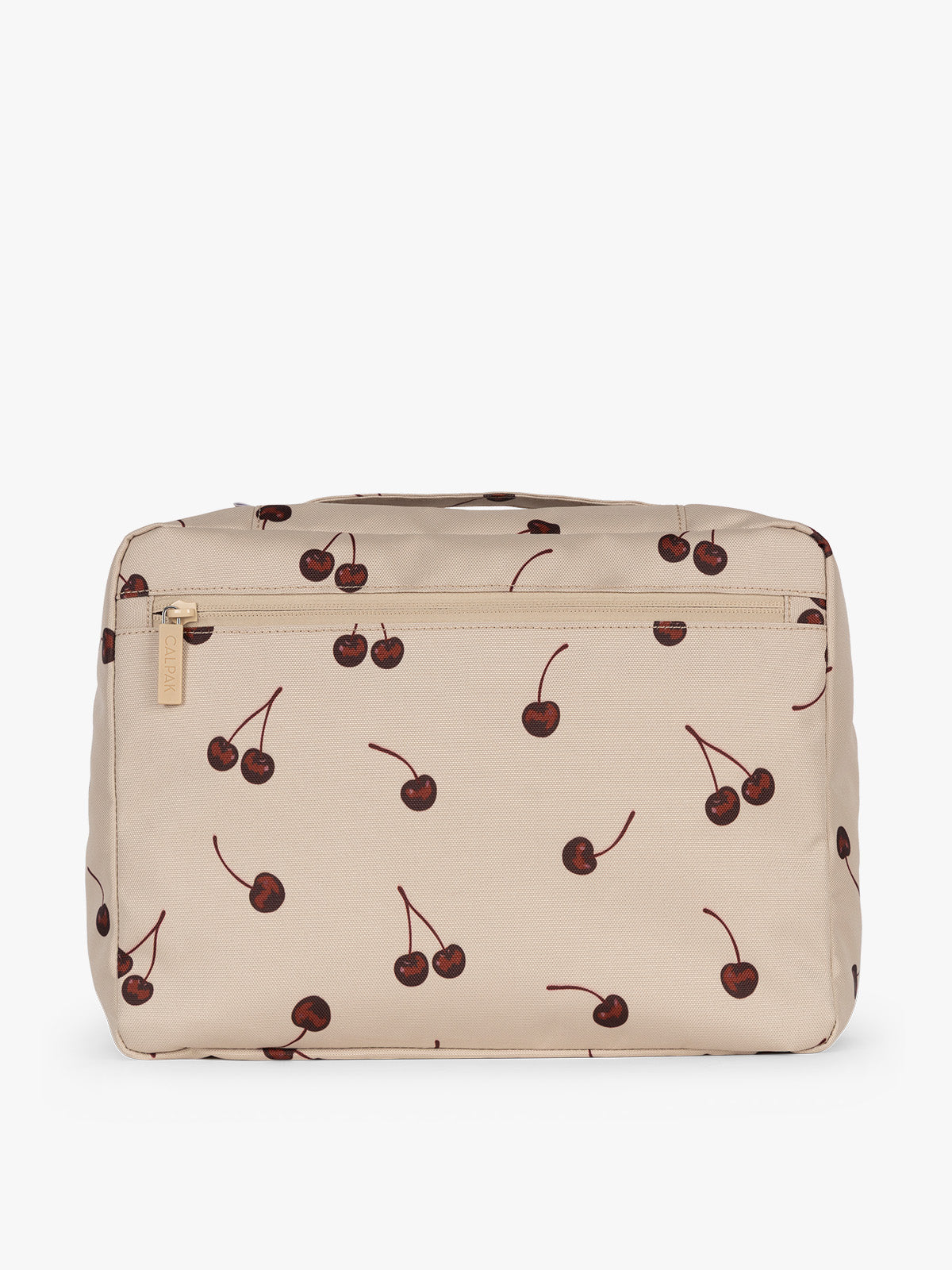 Back view of CALPAK Packing Cubes 5pc Set in beige with cherry print in Oatmeal Cherry on a white background; PC1601-OATMEAL-CHERRY