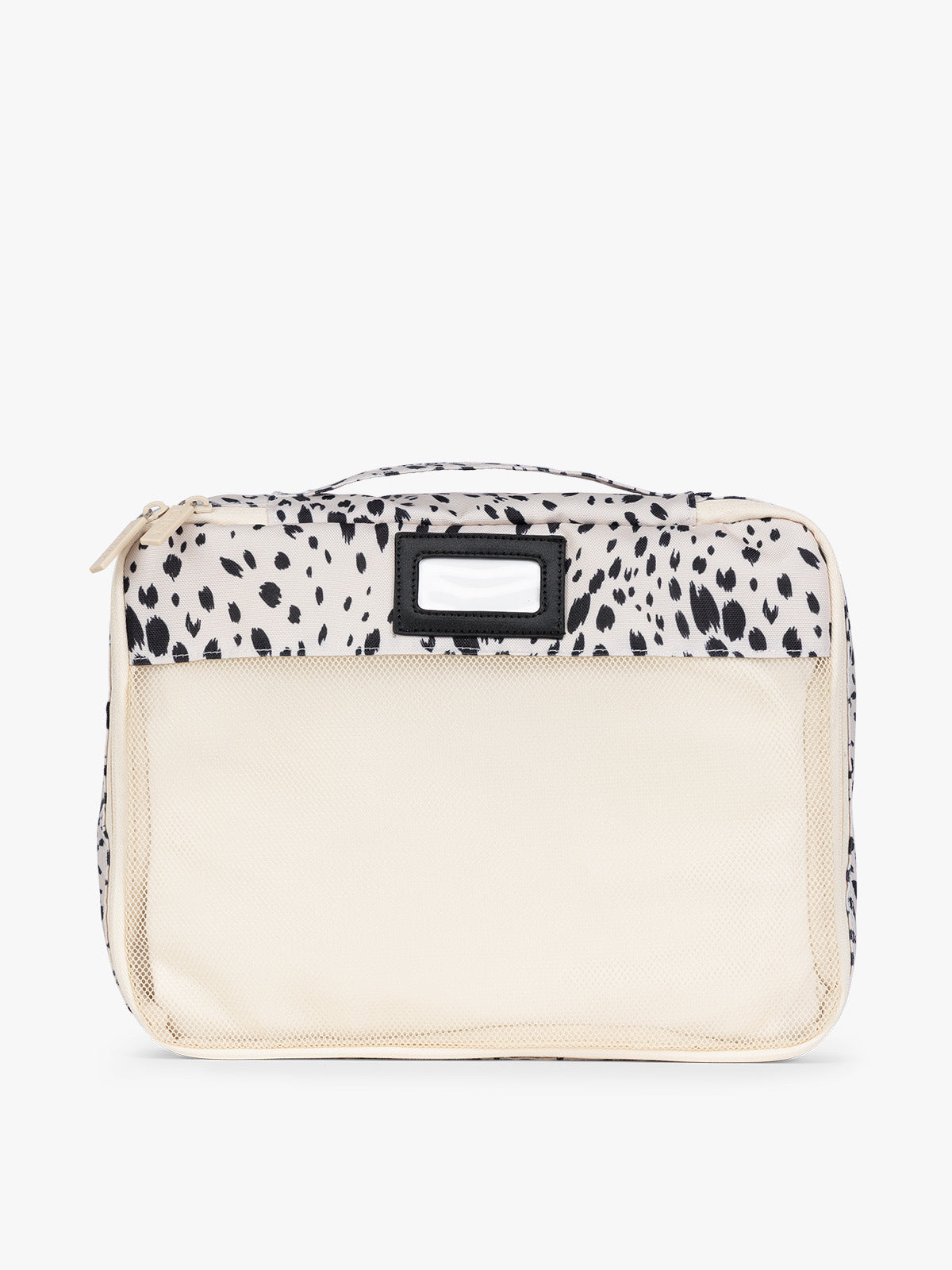 White and black animal print Snow Leopard CALPAK 5-piece travel packing cubes set with close up of mesh cubes with a label, displayed on a clean white background; PC1601-SNOW-LEOPARD