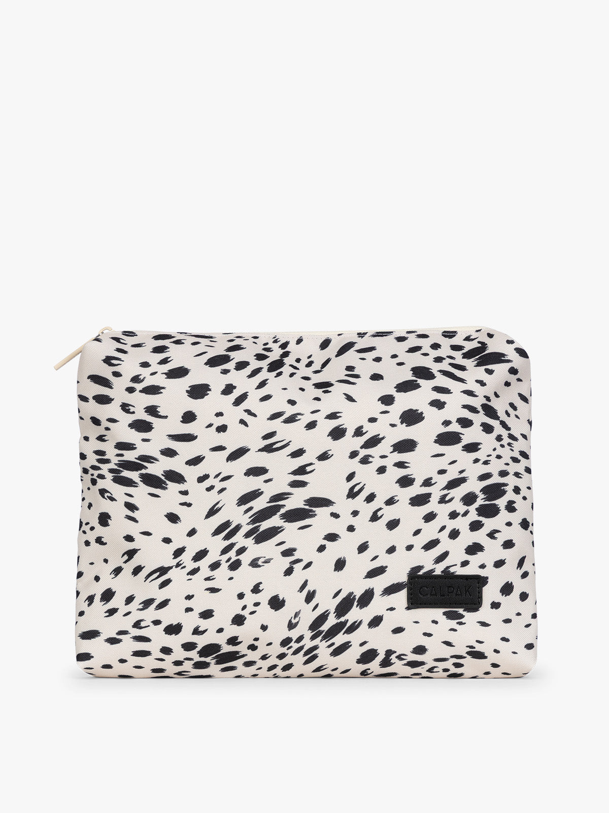 White and black animal print Snow Leopard CALPAK 5-piece travel packing cubes set with close up of packing cube envelope design, displayed on a clean white background; PC1601-SNOW-LEOPARD