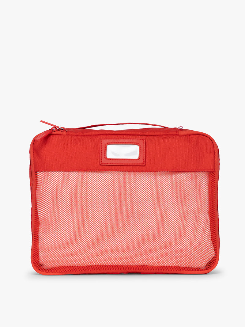 One of CALPAK 5pc Packing Cubes Set in red Tomato