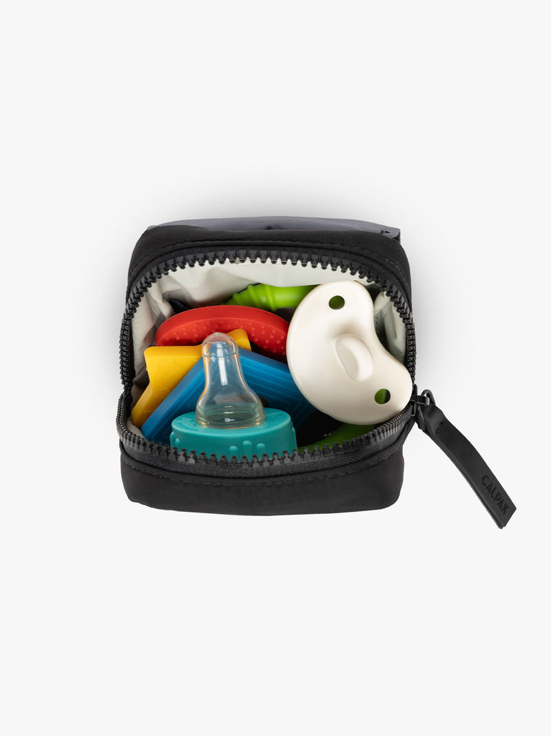 CALPAK Baby Collection Pacifier Pouch in Black open with pacifier inside