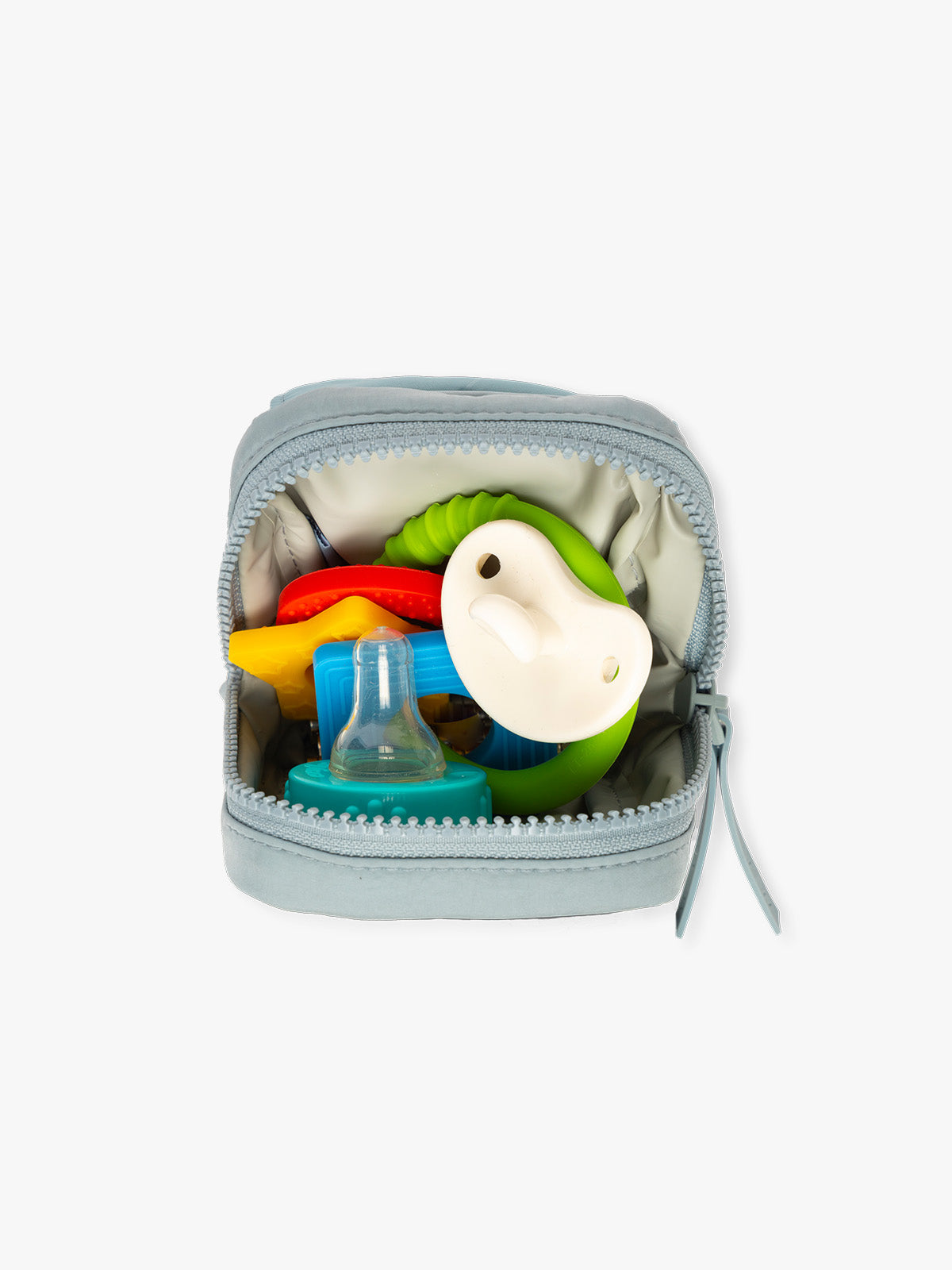 CALPAK Baby Collection Pacifier Pouch in light blue Bluebell open with pacifier inside; PCB2501-BLUEBELL