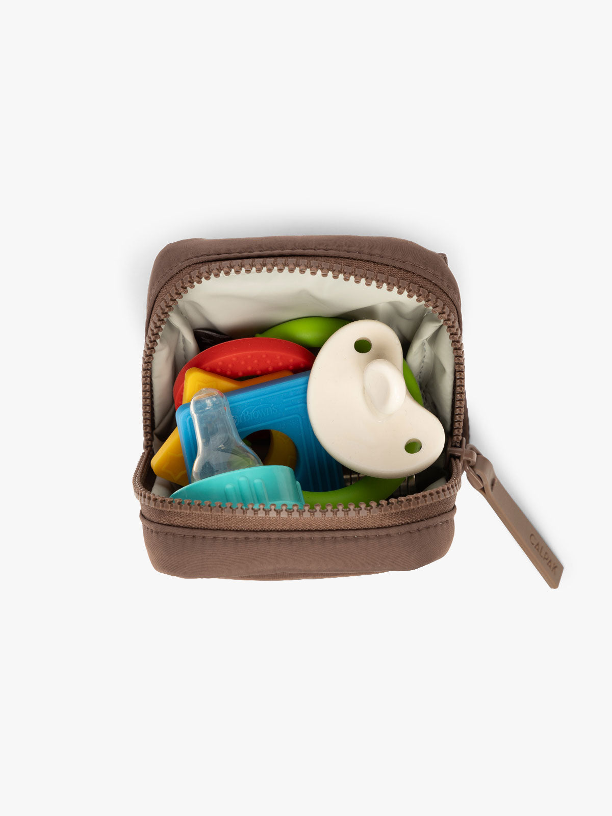 CALPAK Baby Collection Pacifier Pouch in brown Hazelnut open with pacifier inside; PCB2501-HAZELNUT