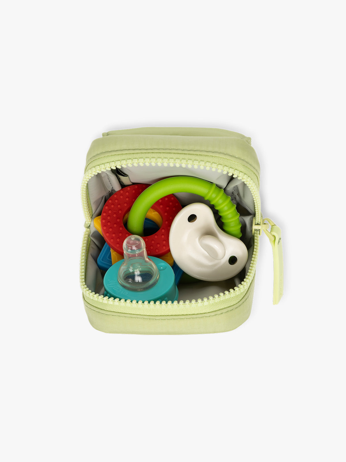 CALPAK Baby Collection Pacifier Pouch in light green Lime open with pacifier inside; PCB2501-LIME