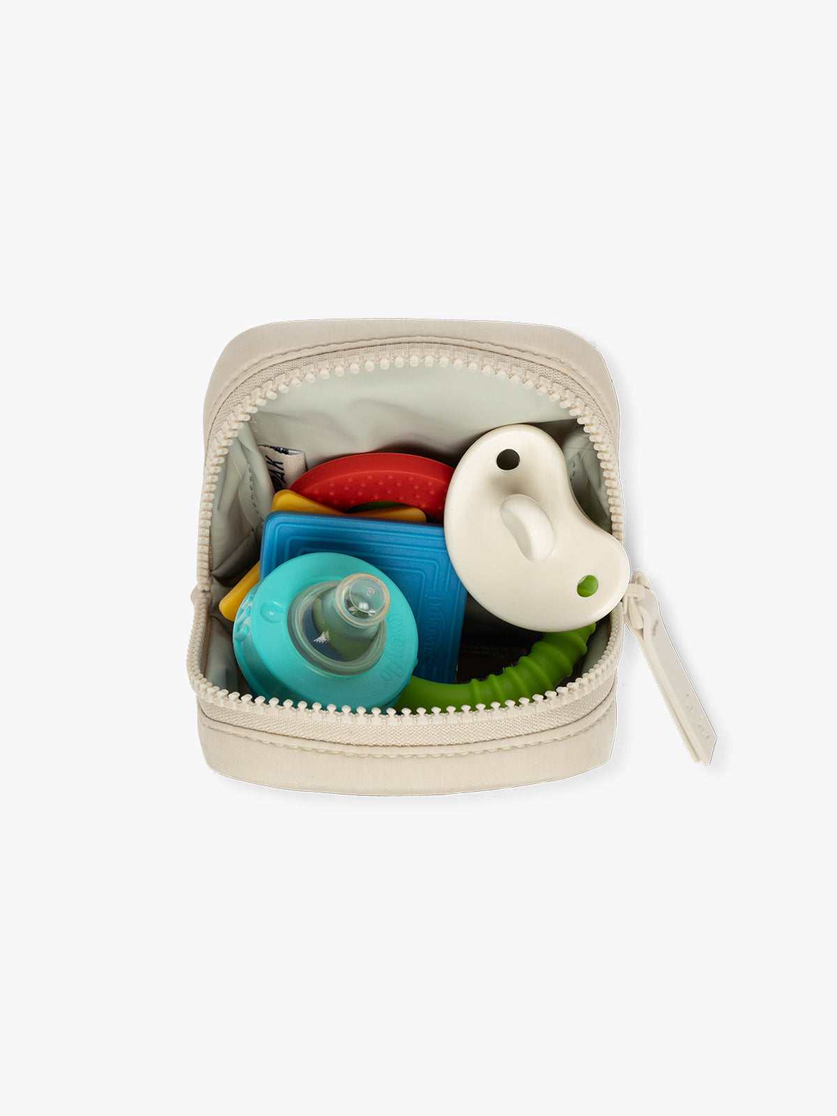 CALPAK Baby Collection Pacifier Pouch in white Oatmeal open with pacifier inside; PCB2501-OATMEAL