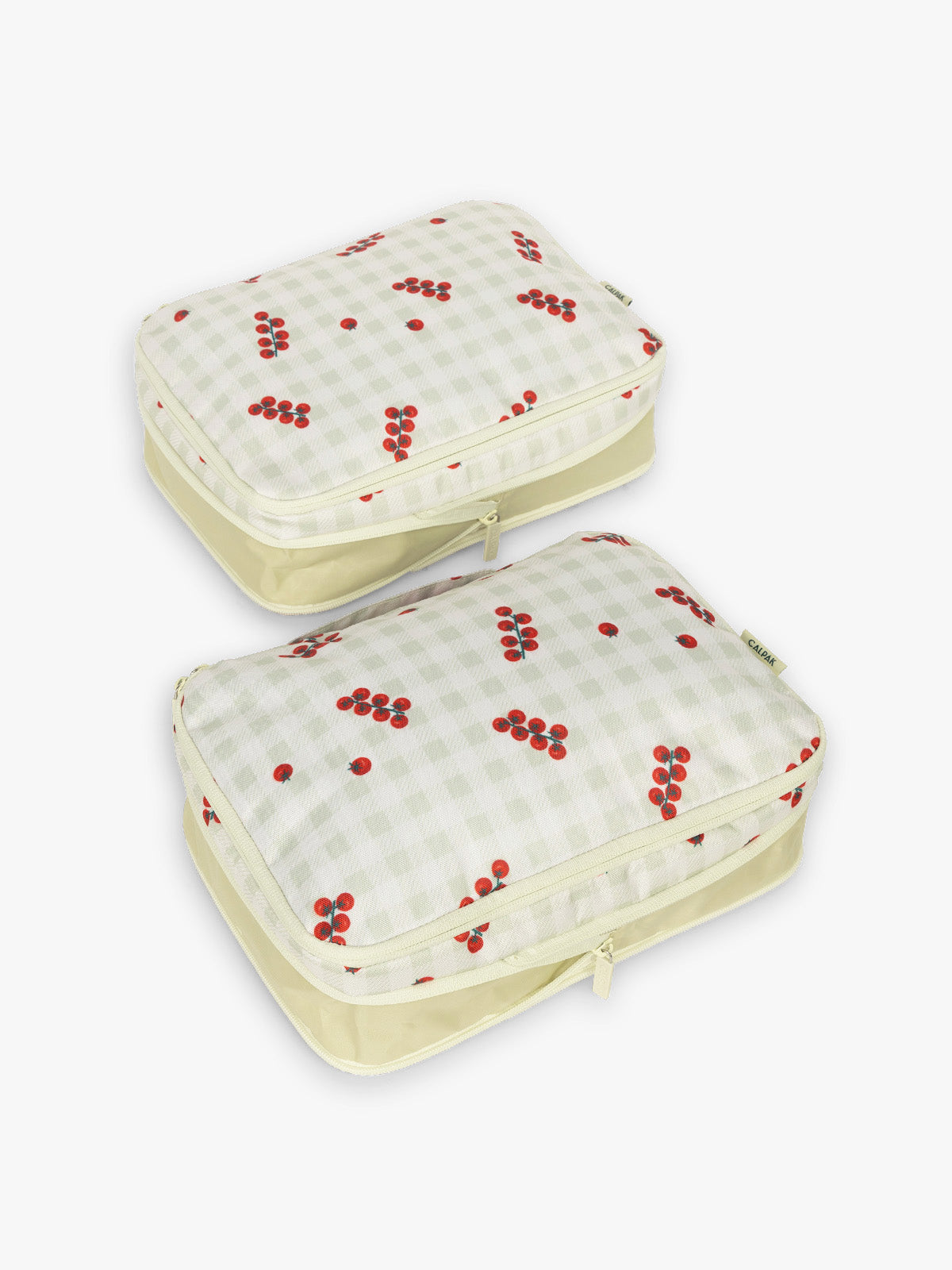 CALPAK Medium Compression Packing Cubes in white and green gingham pattern with tomato print; PCC2201-CELADON-TOMATO-PICNIC