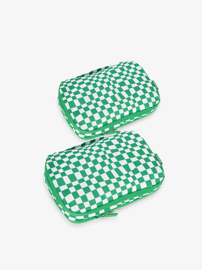 CALPAK small compression packing cubes in green and white checker print; PCS2301-GREEN-CHECKERBOARD
