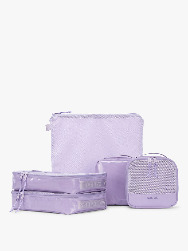 CALPAK Terra 5-Piece Packing Cube Set in lavender Amethyst with two small cubes, two medium cubes, and one large mesh cube with zippers and mesh