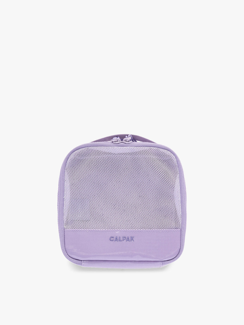 Small size packing cube of the CALPAK Terra 5-Piece Packing Cube Set in lavender Amethyst with two small cubes, two medium cubes, and one large mesh cube with zippers and mesh; PCT2601-AMETHYST