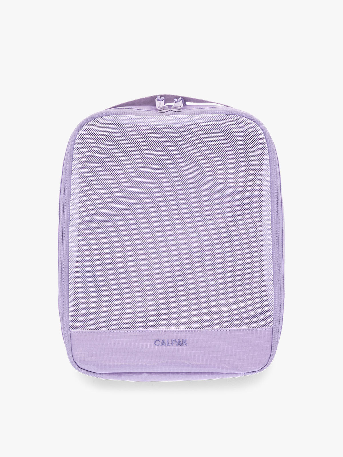 Medium size CALPAK Terra 5-Piece Packing Cube Set in lavender purple Amethyst with two small cubes, two medium cubes, and one large mesh cube with zippers and mesh; PCT2601-AMETHYST