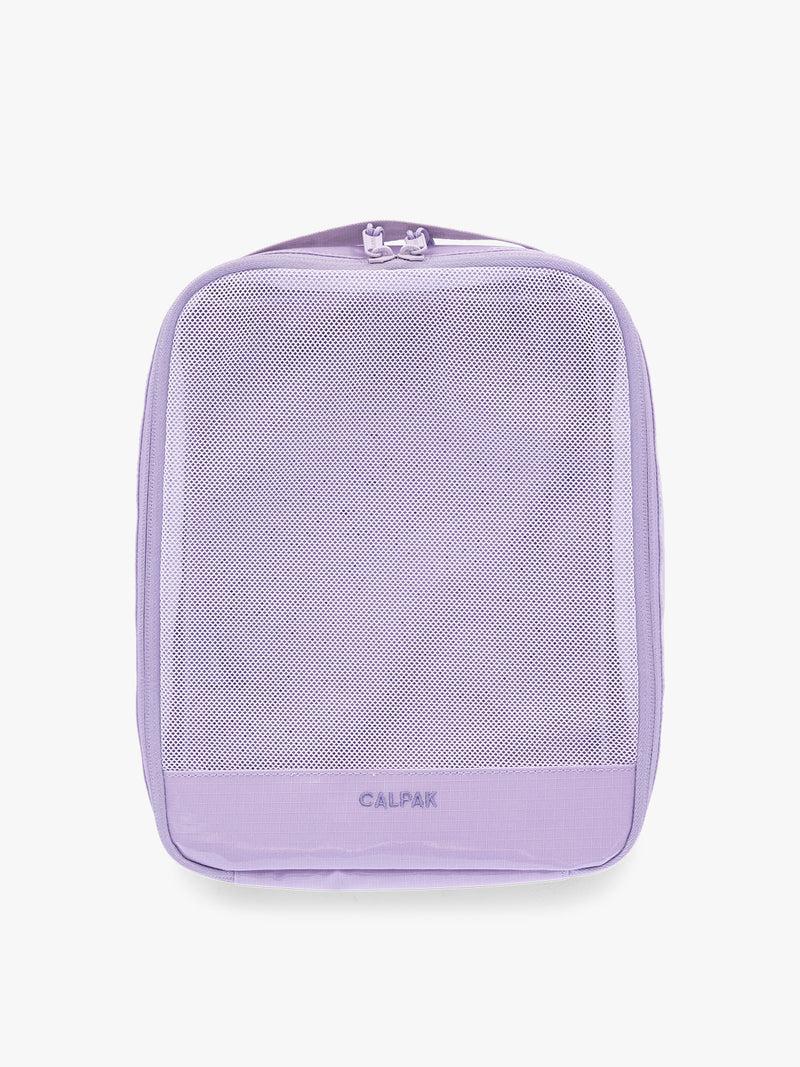 Medium size CALPAK Terra 5-Piece Packing Cube Set in lavender purple Amethyst with two small cubes, two medium cubes, and one large mesh cube with zippers and mesh