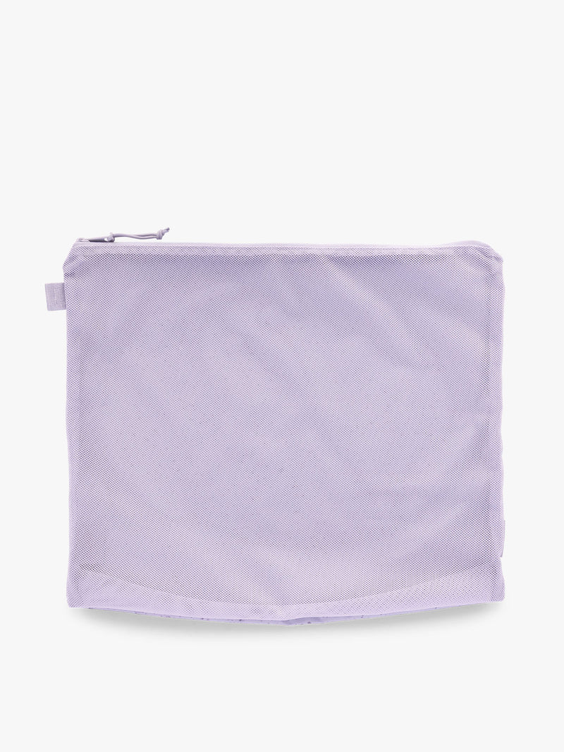 Large size CALPAK Terra 5-Piece Packing Cube Set in lavender purple Amethyst with two small cubes, two medium cubes, and one large mesh cube with zippers and mesh