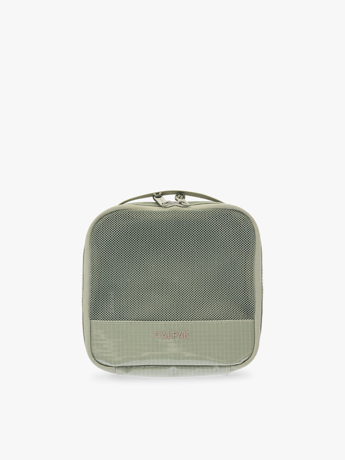Small size packing cube of the CALPAK Terra 5-Piece Packing Cube Set in olive green Juniper with two small cubes, two medium cubes, and one large mesh cube with zippers and mesh; PCT2601-JUNIPER