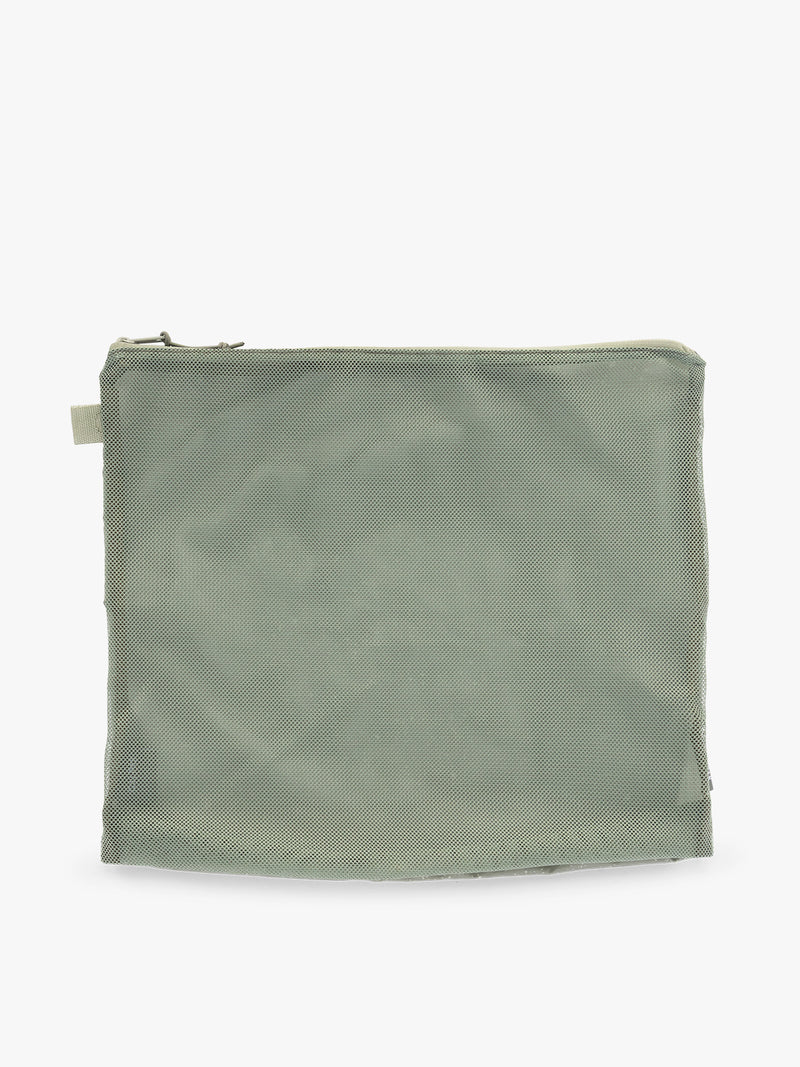 Large size packing cube of the CALPAK Terra 5-Piece Packing Cube Set in olive green Juniper with two small cubes, two medium cubes, and one large mesh cube with zippers and mesh