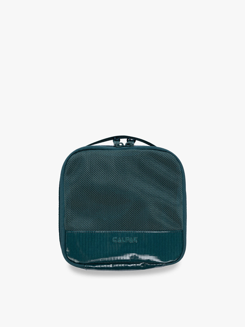 Small size packing cube of the CALPAK Terra 5pc Packing Cube Set in blue green Kale on a white background
