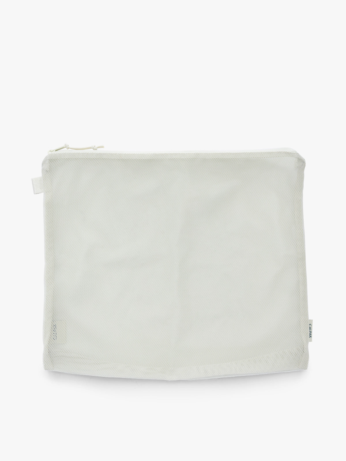 Large size packing cube of the CALPAK Terra 5-Piece Packing Cube Set in shiny white iridescent Moonbeam with two small cubes, two medium cubes, and one large mesh cube with zippers and mesh; PCT2601-MOONBEAM