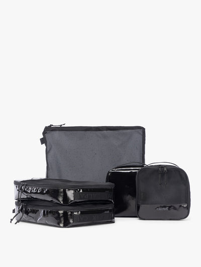 CALPAK Terra 5-Piece Packing Cube Set in black Obsidian with two small cubes, two medium cubes, and one large mesh cube with zippers and mesh; PCT2601-OBSIDIAN view 1