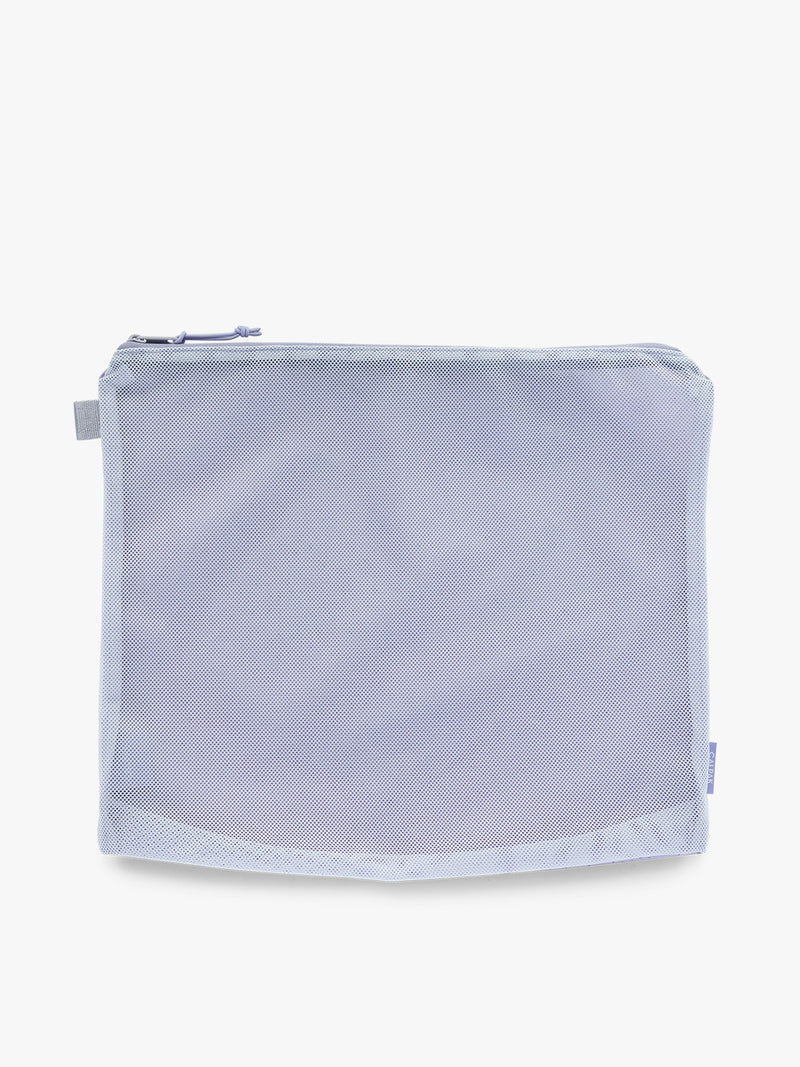 Large size packing cube of the CALPAK Terra 5-Piece Packing Cube Set in purple lavender Sea Glass with two small cubes, two medium cubes, and one large mesh cube with zippers and mesh