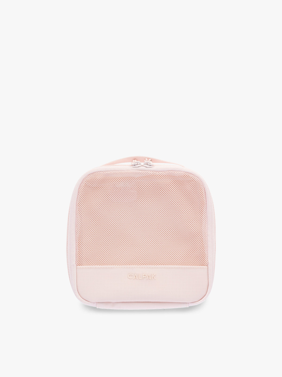 Small size packing cube of CALPAK Terra 5-Piece Packing Cube Set in pink Shell Pink with two small cubes, two medium cubes, and one large mesh cube with zippers and mesh; PCT2601-SHELL-PINK