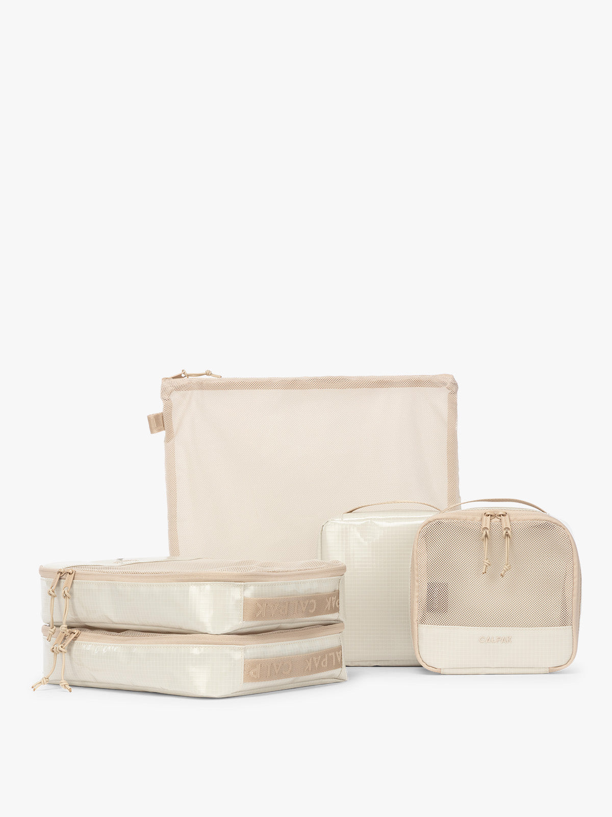 CALPAK Terra 5-Piece Packing Cube Set in off-white beige White Sands with two small cubes, two medium cubes, and one large mesh cube with zippers and mesh; PCT2601-WHITE-SANDS