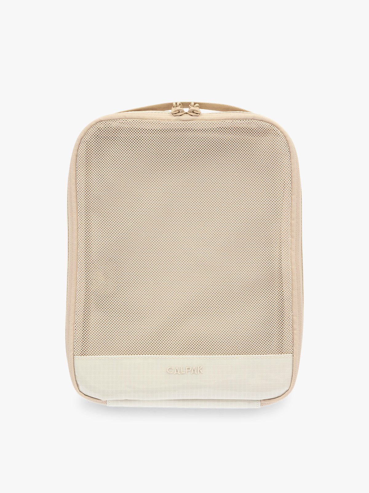 Medium size packing cube of the CALPAK Terra 5-Piece Packing Cube Set in off-white beige White Sands with two small cubes, two medium cubes, and one large mesh cube with zippers and mesh; PCT2601-WHITE-SANDS