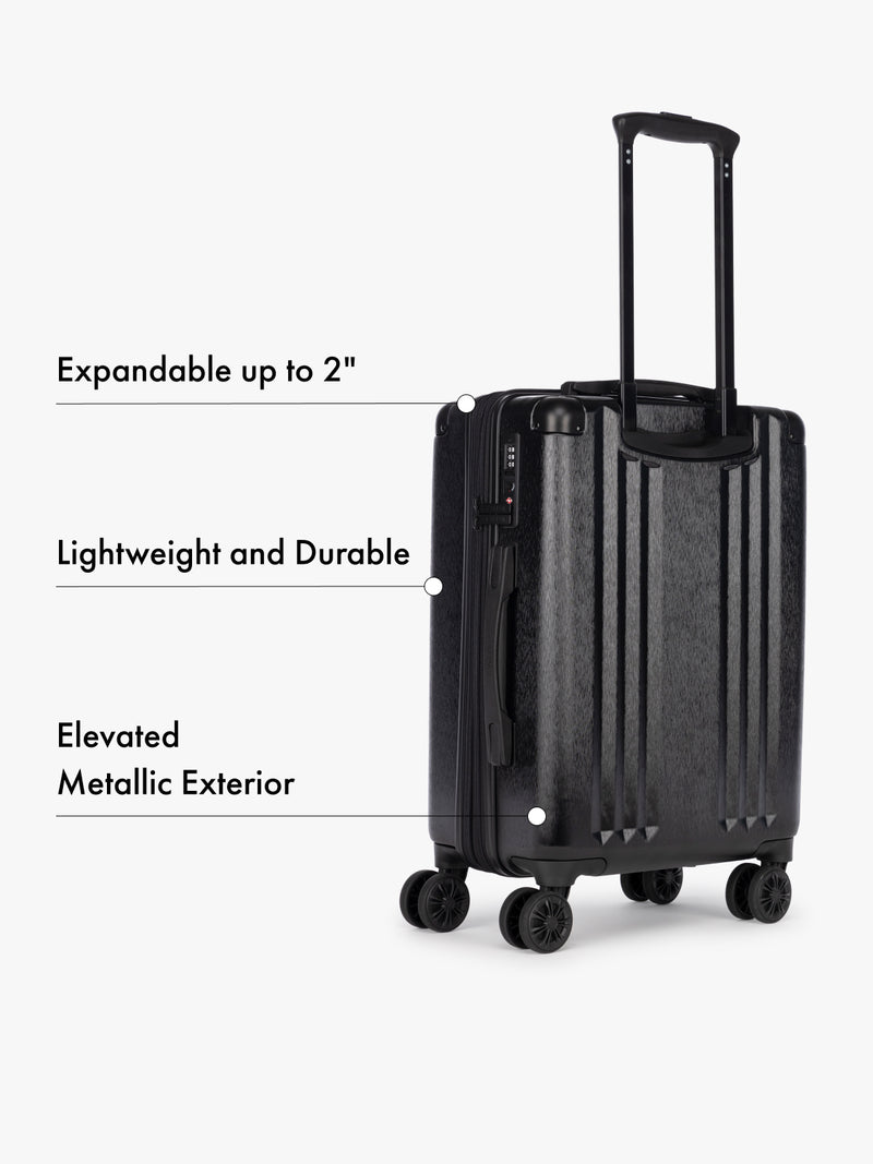 Ambeur Black carry-on suitcase with text highlighting features on a white background